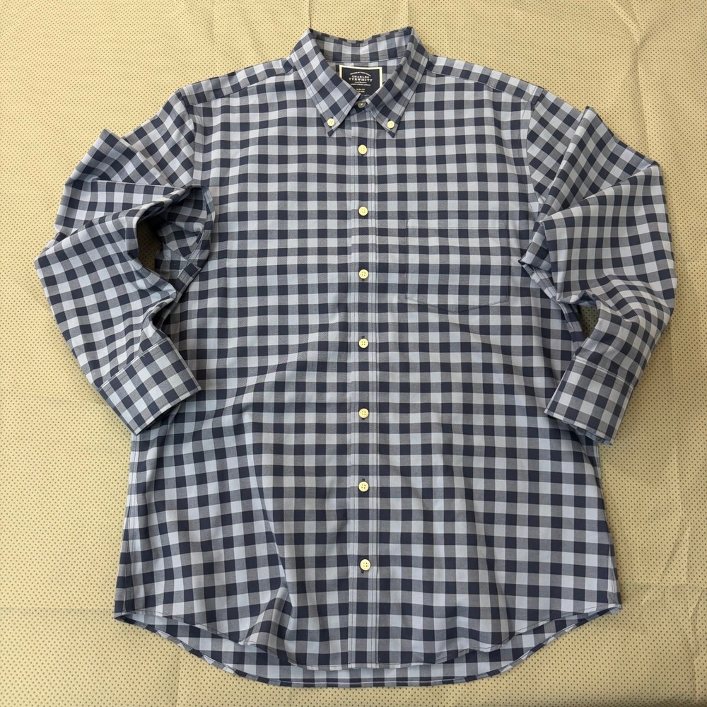 Charles Tyrwhitt Button Down Men L Blue Gingham Slim Fit Non-Iron Cotton Shirt